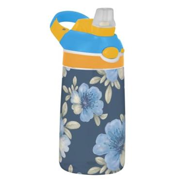 Imagem de Garrafa de água infantil pintada com flores azuis bege para escola, 473 ml Tritan 473 ml, garrafa de água esportiva com canudo, copo portátil à prova de vazamento, alça de transporte