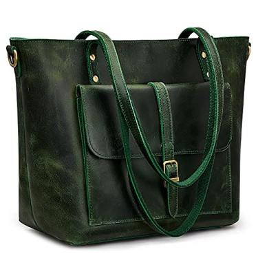 Imagem de S-ZONE Bolsa feminina vintage de couro legítimo, bolsa de ombro grande, bolsa de trabalho, Verde,