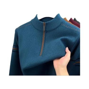 Imagem de Suéter Masculino De Tricô Listrado Com Meio Zíper, Pulôver De Negócios