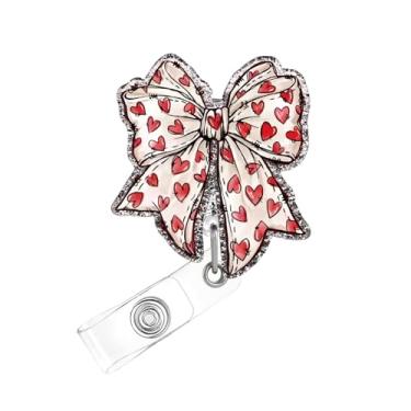 Imagem de Carretel de crachá de dia dos namorados, lindo laço de acrílico para crachá de identificação, suporte retrátil telescópico divertido, acessórios de clipe de jacaré com desenhos de coração para