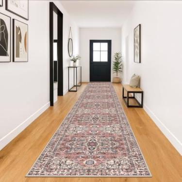 Imagem de KOZYFLY Corredores para corredores 10 x 45 m extra longo lavável lã sintética tapete de escada impresso para entrada, quarto, cozinha, corredor, sala de estar, terracota/bege