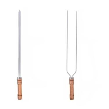 Imagem de Kit 2 Espeto Churrasco Duplo e Simples fácil limpeza 100% Alumínio Cabo Madeira(80Cm)