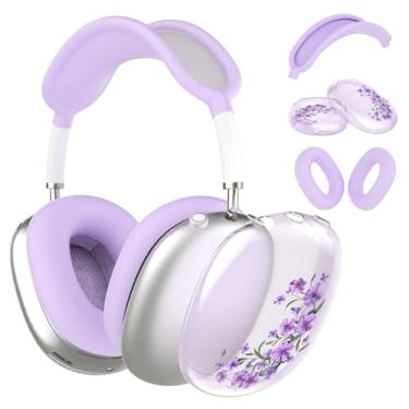Imagem de Idocolors Capa de fone de ouvido para AirPods Max, capas femininas fofas e transparentes, capa de silicone roxa para Apple AirPods Max (2024/2020), floral roxa