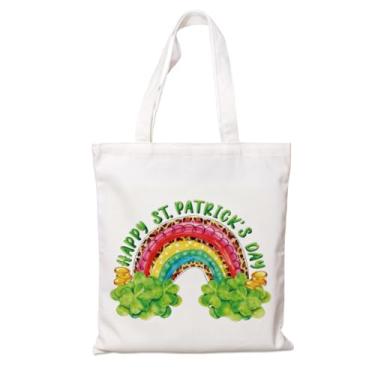 Imagem de Sacola de lona para o dia de São Patrício, sacola de compras reutilizável com estampa de trevo arco-íris, bolsa de ombro de lona verde de férias irlandesa para presente de festa de supermercado