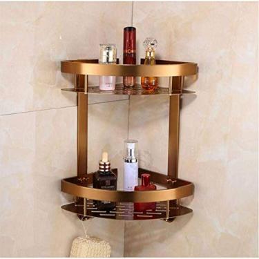 Imagem de Suporte de canto antigo escova espaço alumínio prateleira de banheiro camada dupla canto prateleira cesta com gancho design armazenamento