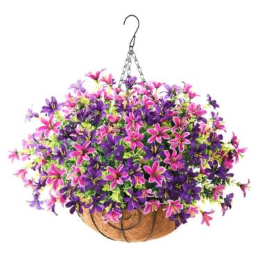 Imagem de INQCMY Flores artificiais penduradas no cesto para decoração de jardim e gramado, forro de coco de 30,48 cm com margaridas artificiais para decoração (vermelho claro, roxo, vermelho, rosa)