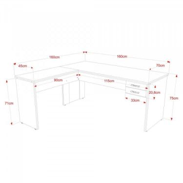 Imagem de Mesa de Escritório em L 1,60x1,60m com 2 Gavetas Work30 Compace Nogal/preto Ônix