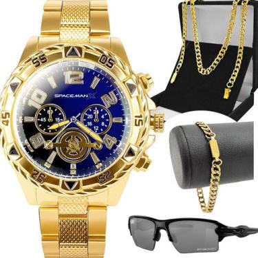 Imagem de Relogio Masculino Dourado + Oculos Sol + Pulseira + Cordão religioso p
