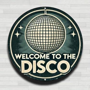 Imagem de Placa de parede redonda de metal de alumínio rústico vintage Welcome To The Discoteca, 20 cm, presentes e decoração para casa, escritório, café e quintal