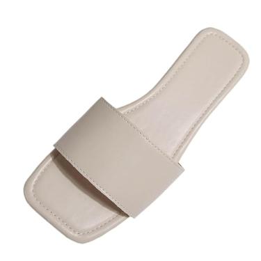 Imagem de Sandálias rasteiras femininas casuais primavera verão praia cor sólida bico quadrado design aberto, Bege, 39