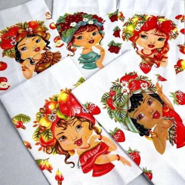 Imagem de Pano De Prato Artesanato Bonecas Frutas Tropicais Kit C/ 10 - DRK