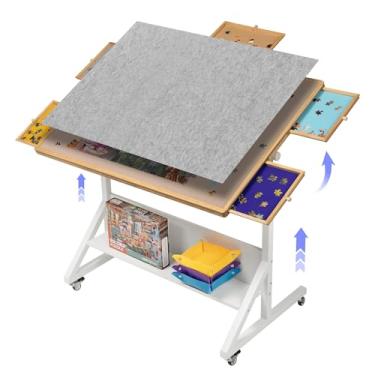 Imagem de Tektalk Mesa De Quebra-Cabeça Com Ajuste De Ângulo E Altura, Cavalete De Quebra-Cabeça Com Tampa E 5 Gavetas De Classificação, Mesa Inclinável Com Pernas, Fechada Com 4 Rodas Giratórias, Para Até 1