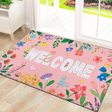 Imagem de Likiyol Tapete de porta floral, entrada externa, tapete de boas-vindas de flores coloridas, capacho antiderrapante com mola, entrada interna, perfil baixo, absorvente, 45,7 cm x 76,2 cm, rosa