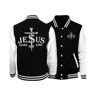 Imagem de Jaqueta Gráfica Estilo Preppy Masculina Jesus Me Salveu Da Morte S-5XL