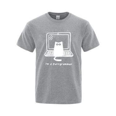Imagem de Camiseta Masculina Engraçada Com Estampa De Gato Programador, Algodão,
