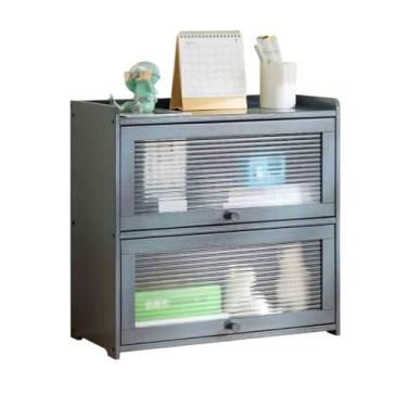 Imagem de Prateleira de livros cinza de camada dupla, prateleira de armazenamento de bambu, com porta de plástico transparente flutuante, para estante de exibição de livros de escritório (C42 x L 25 x A 50 cm)