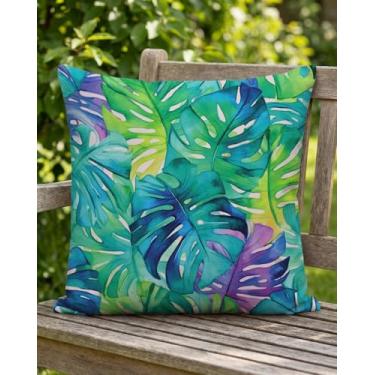 Imagem de PreLiving Capa de almofada de verão 45,7 cm x 45,7 cm - Fronha decorativa de folha tropical Monstera - Capa de almofada em aquarela verde para sofá, pátio, sofá, decoração ao ar livre