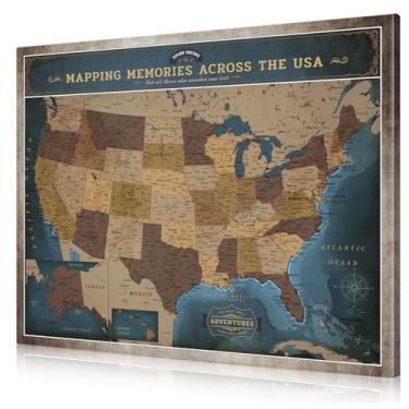 Imagem de DECORARTS - Mapa de viagem dos EUA, arte de parede em tela estilo explorador vintage em azul, impressão giclée de arquivo, tela esticada à mão, decoração de parede de sala de estar e escritório, para