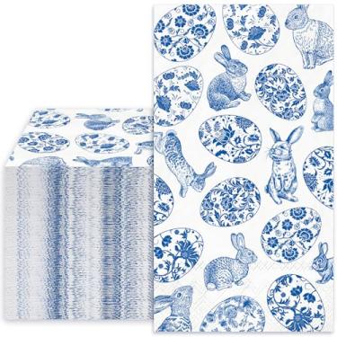 Imagem de Whaline Guardanapos de papel para convidados de Páscoa, 40 peças, azul, branco, chinoiserie, coelho, ovo, floral, descartáveis, toalhas de mão de banheiro para primavera, chá de bebê, festa de jantar