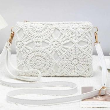 Imagem de Bolsa tiracolo feminina de crochê elegante bolsa de praia a céu aberto bolsa de ombro com detalhe floral casual boho bolsa de palha, branca, Branco, Casual