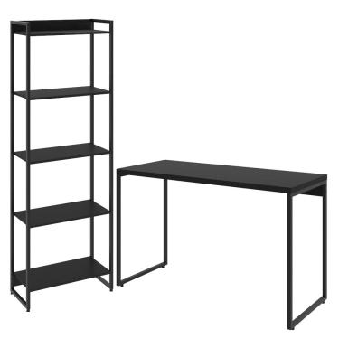 Imagem de Kit Escritório Estante Areta 5 Prateleiras com Mesa Industrial Aspen 120cm C01 Onix - Lyam Decor