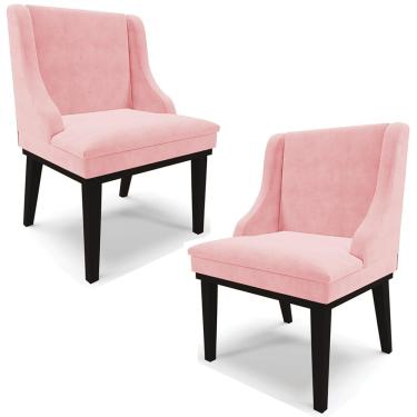 Imagem de Kit 2 Cadeiras Decorativas Sala de Jantar Base Fixa de Madeira Firenze Suede Rosa Bebê/Preto G19 - Gran Belo