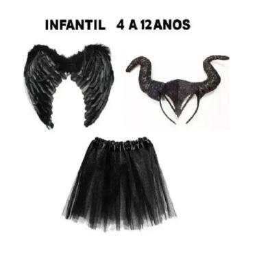 Imagem de Fantasia Da Malévola Bruxa Feiticeira Infantil C/ Tiara Malévola Asa Preta 45x35 Cm E Saia Tule Preta 35 Cm - 3 PÇS