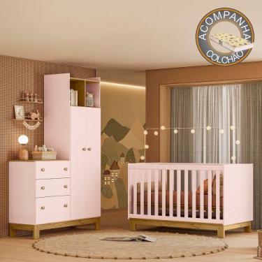Imagem de Quarto de Bebê com Berço Slim e Guarda Roupa com Cômoda Flora Rosa Qmo