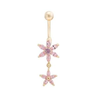 Imagem de Piercing De Umbigo Dourado Pendurado Aço Cirúrgico Flor Rosa - Wellsto