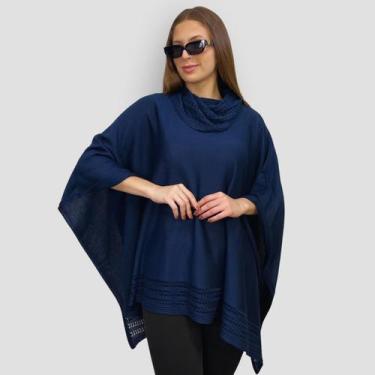 Imagem de Poncho Feminino Tricô Lã Gola Alta Quente Inverno Estilo - GIP, Marinh
