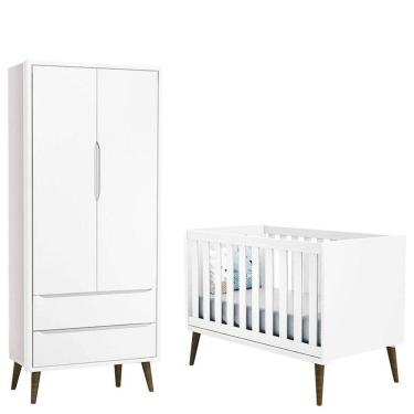 Imagem de Berço Americano e Guarda Roupa 2 Portas Infantil Theo Branco Acetinado com Pés Amadeirado – Reller