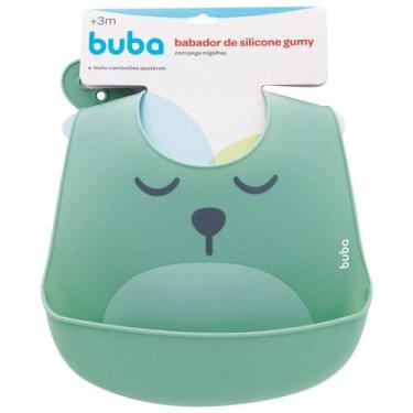 Imagem de babador de silicone com pega migalhas buba verde