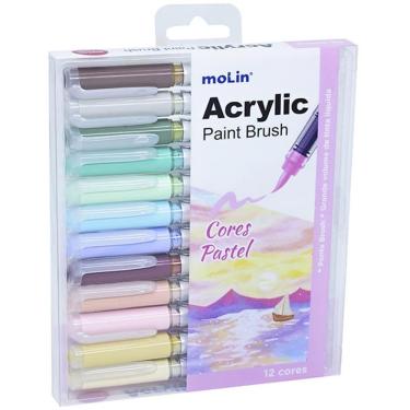 Imagem de Marcador Artístico Molin do Brasil Acrylic Brush Ponta Japonesa 12 Cores Pastel Estojo