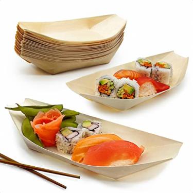 Imagem de Pacote com 100 barcos de sushi biodegradáveis extra grandes de 25,4 cm. Pratos de aperitivo 100% descartáveis. Bandejas de comida de madeira natural compostáveis. Prato de servir de álamo resistente.