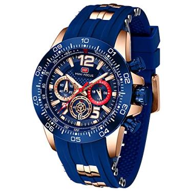 Imagem de Mini Focus Relógio masculino casual esportivo (cronógrafo/à prova d'água/luminoso/calendário) pulseira de silicone moda relógio de quartzo para homens (MF0290G.05).., Azul-dourado, Cronógrafo, relógio de quartzo