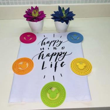 Imagem de Pano De Prato Copa Master Branco Em Silk - Frase: Happy Mind Happy Lif