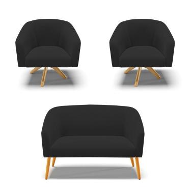 Imagem de Kit 1 Namoradeira E 2 Poltronas Preto Base Madeira