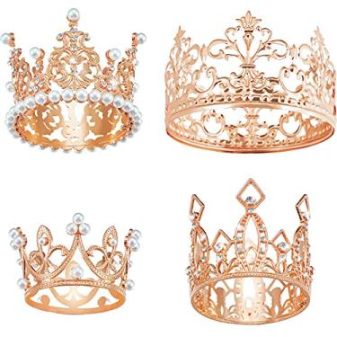 Imagem de Hotop 4 peças de topo de bolo de coroa, enfeite de bolo para chá de bebê, aniversário, decoração de bolo de casamento, coroa de ouro rosa com cristal de pérola para meninas, tiara de bolo de princesa