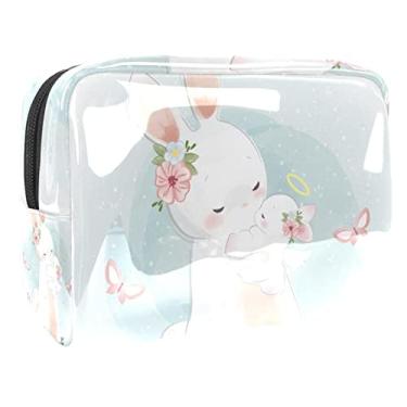 Imagem de Bolsa de maquiagem coelho branco bonito bolsa organizadora de bolsa de cosméticos em pvc bolsa organizadora de higiene pessoal de viagem para mulheres menina tamanho médio 18,5 x 7,6 x 13 cm