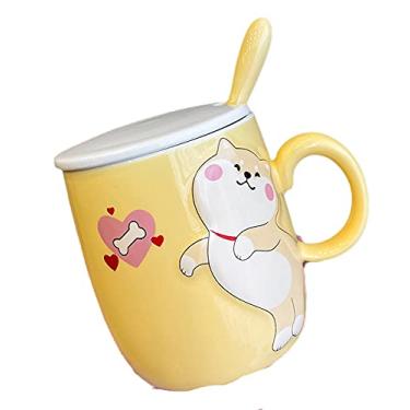 Imagem de Caneca de gato com tampa e colher 3D linda xícara de chá de café de cerâmica conjunto de caneca de casal presente de aniversário para professores, mães, amigas, amantes, (osso de filhote shiba Inu, 400 ml)