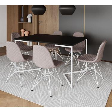 Imagem de Mesa Jantar Industrial Preta Base V 137x90cm C/ 6 Cadeiras Estofadas Nude Médio Eiffel Aço Branco 