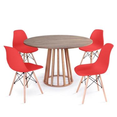 Imagem de Conjunto Mesa de Jantar Redonda Talia Amadeirada Natural 120cm com 4 Cadeiras Eames Eiffel - Vermelho
