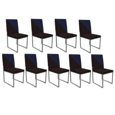 Imagem de Kit 09 Cadeira Stan Duo Sala De Jantar Ferro Prata Suede Marrom E Azul Marinho - Amey Decor