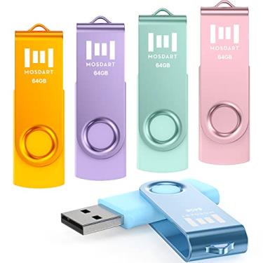 Imagem de MOSDART Pacote com 5 unidades flash USB 2.0 de 64 GB, design giratório com luz LED, cartão de memória ExFAT Jump Drive para computadores, armazenamento de dados