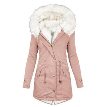 Imagem de BFAFEN Casacos femininos quentes de inverno com capuz jaqueta parca militar espessa jaqueta de algodão forrada com lã casual, rosa, M