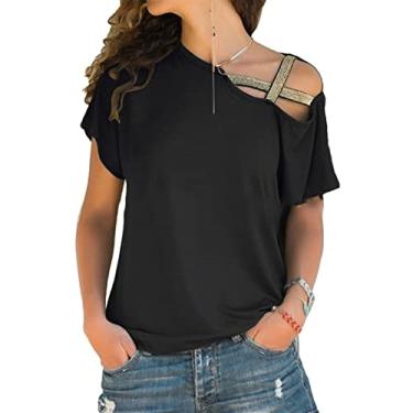 Imagem de Camisetas Femininas Sem Ombro, Cor Pura Casual Verão Fora do Ombro para Mulheres, Soltas para Casual para Namoro para Escritório (L)