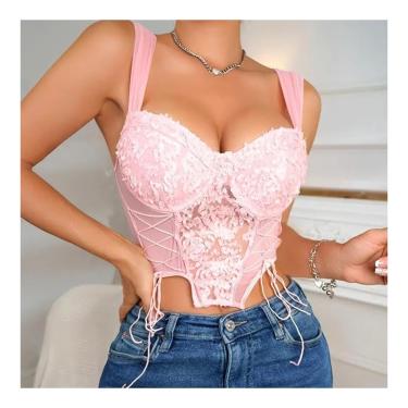 Imagem de Blusa Crop Top elástica de renda rosa para mulheres