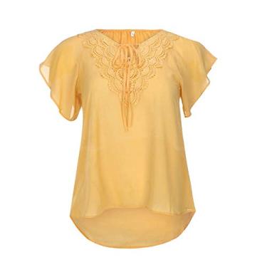 Imagem de Blusas femininas de malha de renda para treino de manga curta e sexy, blusas casuais de verão, camisas soltas, túnica formal, Amarelo, 5G