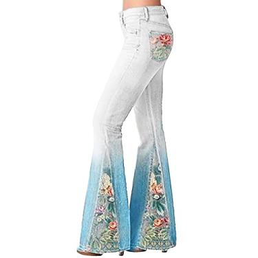 Imagem de Calça flare feminina plus size cintura alta jeans verão calça social de algodão slim fit casual, Azul, M