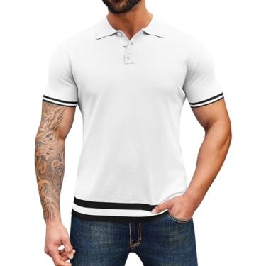 Imagem de Runcati Camisa polo masculina de malha manga curta gola V algodão botão pulôver casual camisas de golfe, Branco, XXG